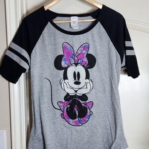 Disney Black & Gray Raglan Tee with Pink Purple Floral Minnie